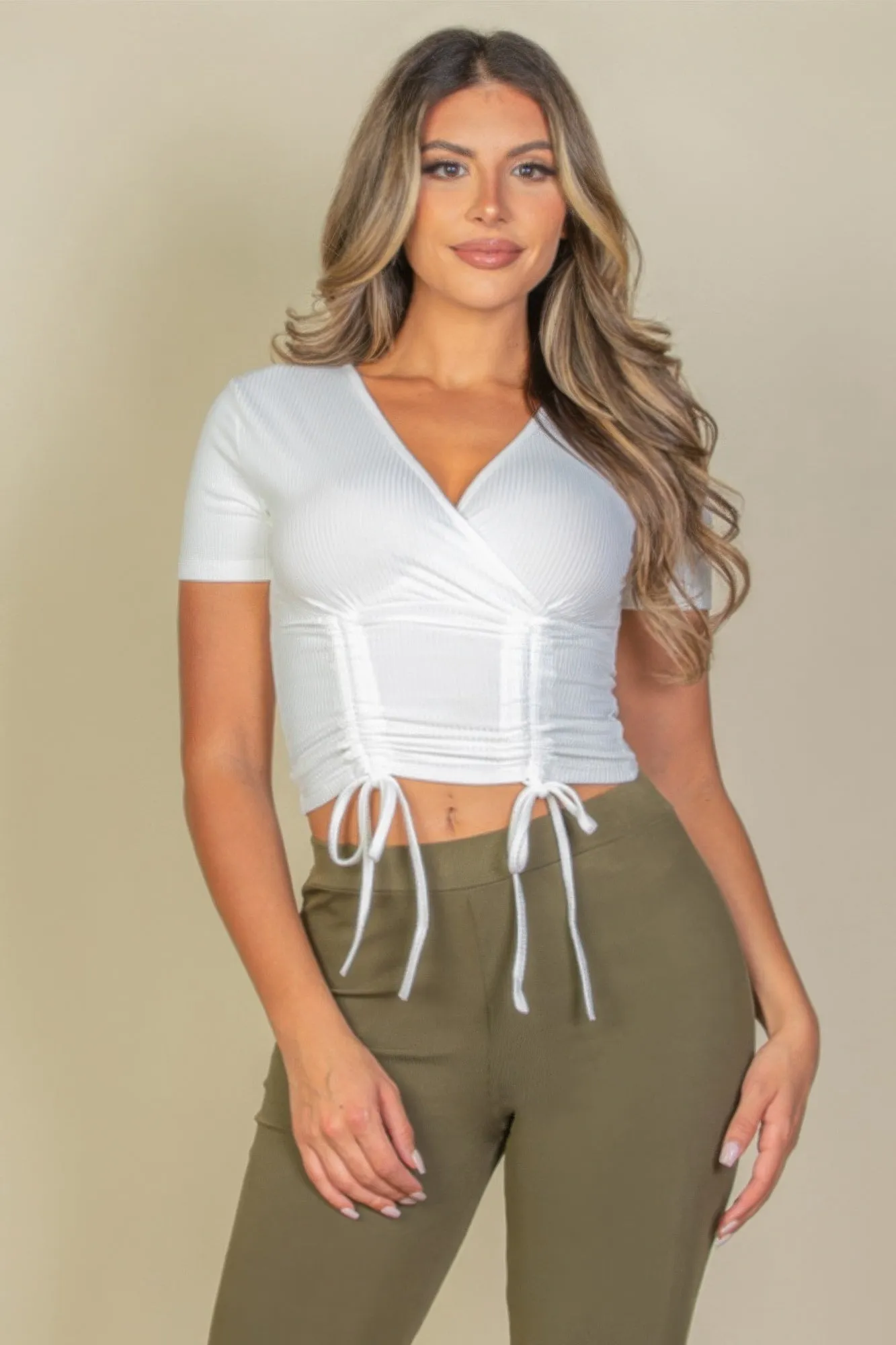 Ribbed Ruched Drawstring Surplice Top