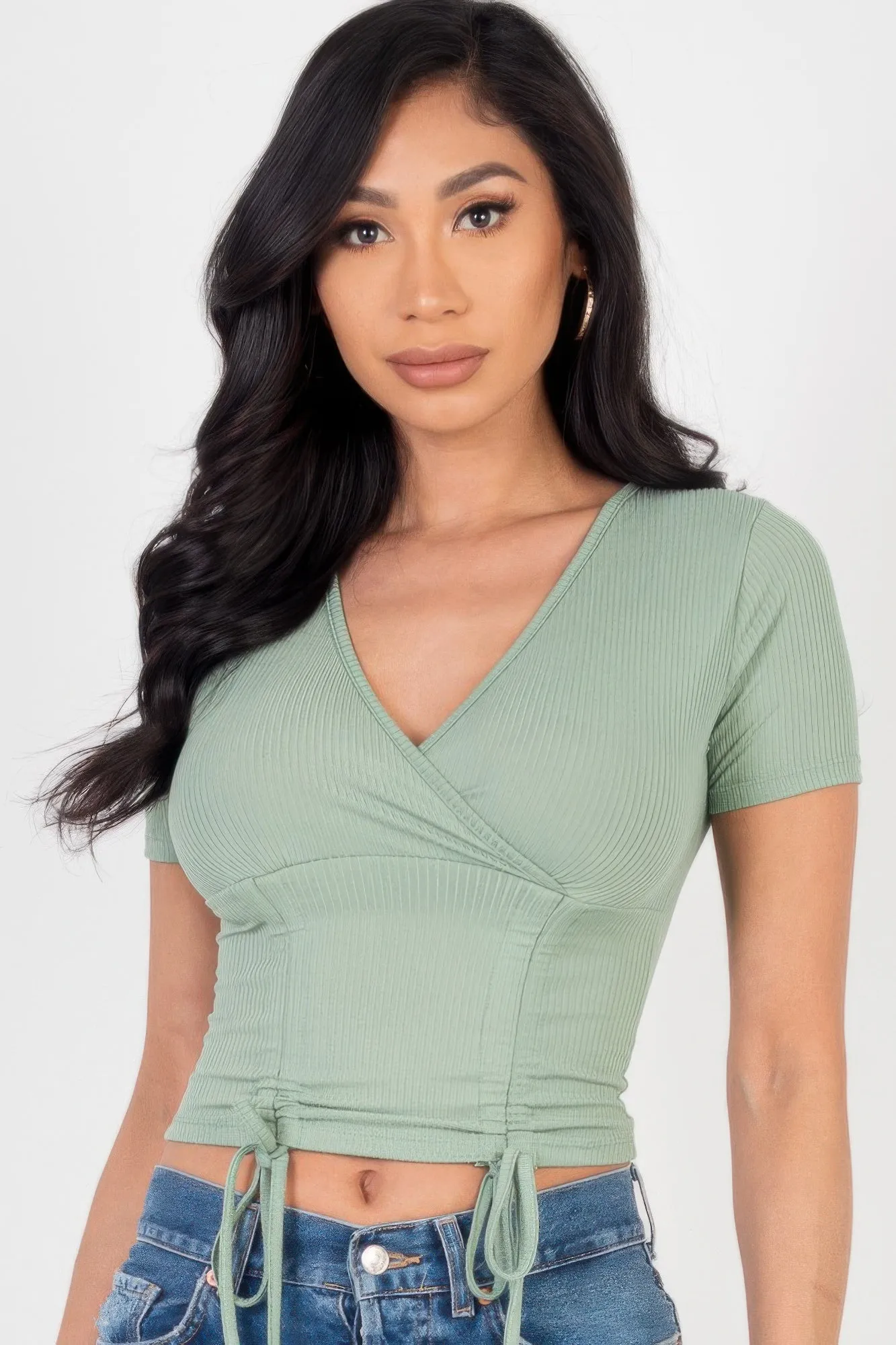 Ribbed Ruched Drawstring Surplice Top