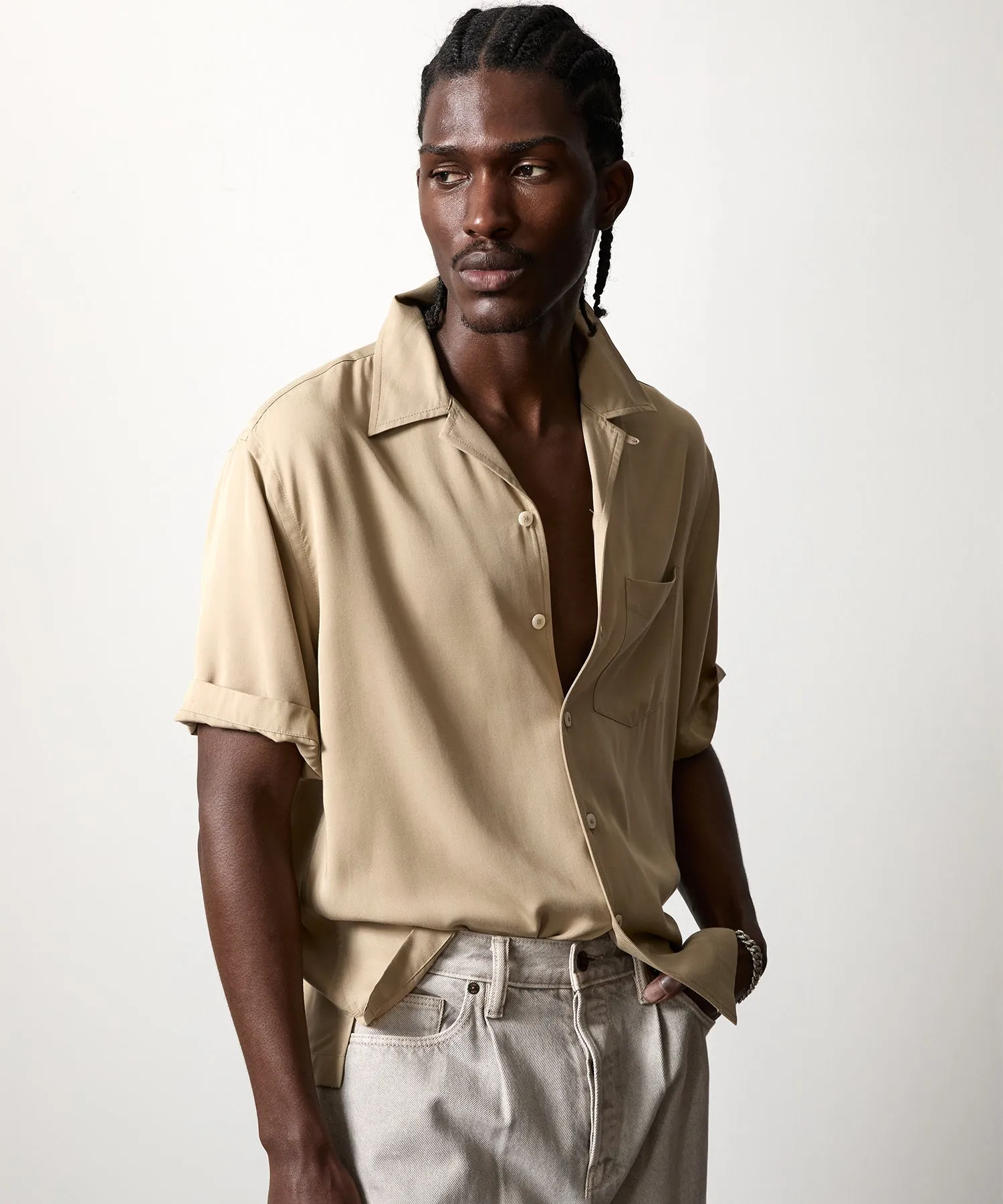 Short Sleeve Rayon Hollywood Shirt in Khaki