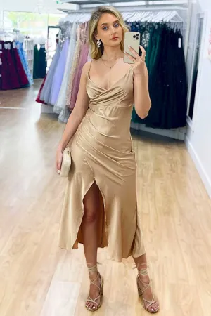 Simple V-Neck Champagne Midi Prom Dress