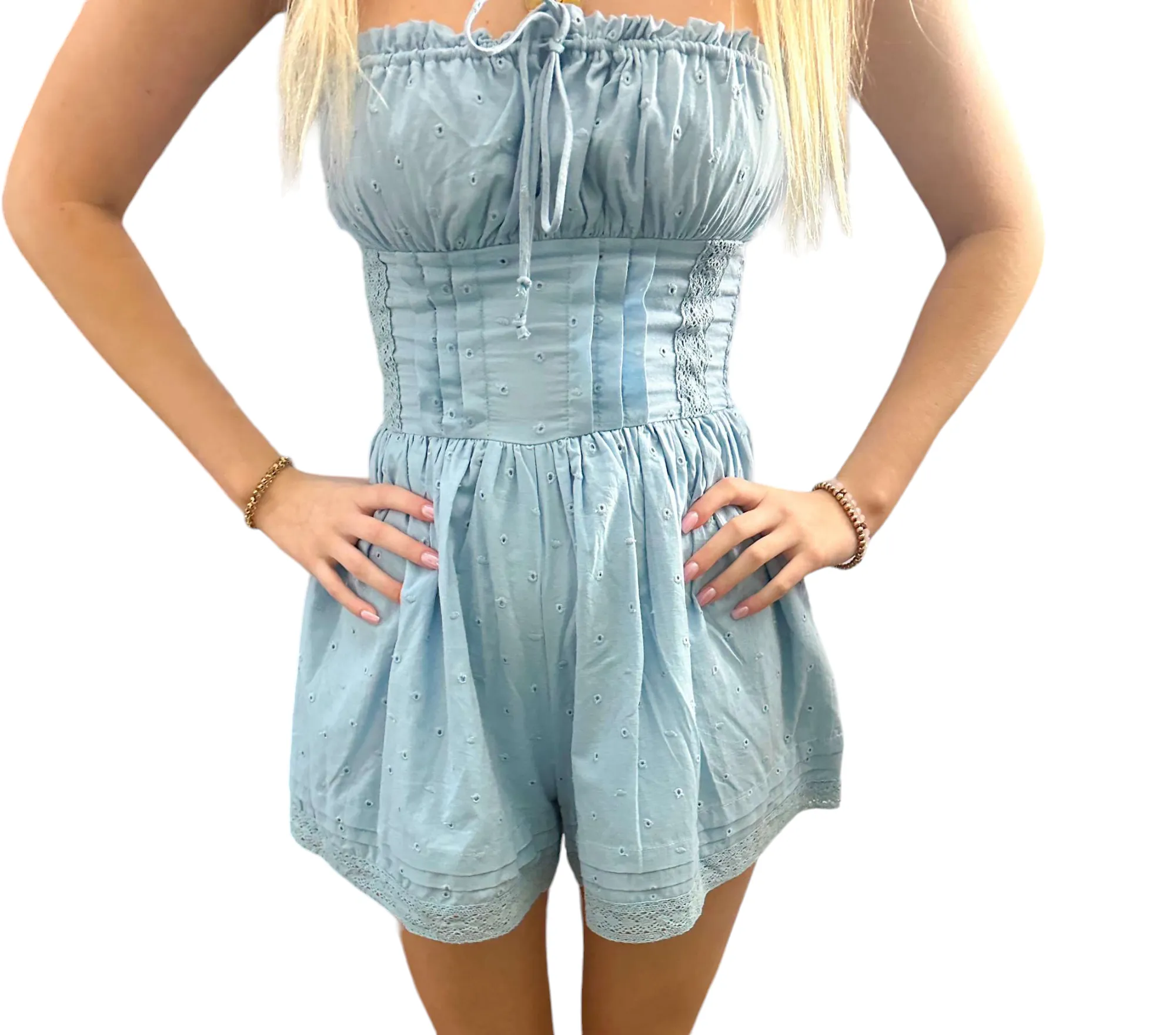 Sky Blue Eyelet Strapless Romper