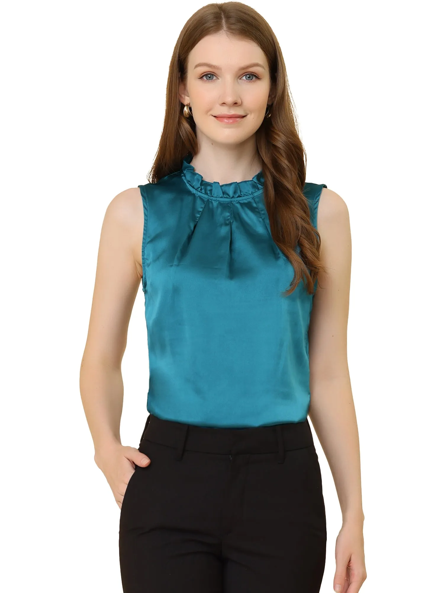 Sleeveless Blouse Mock Neck Ruffles Elegant Satin Work Tops