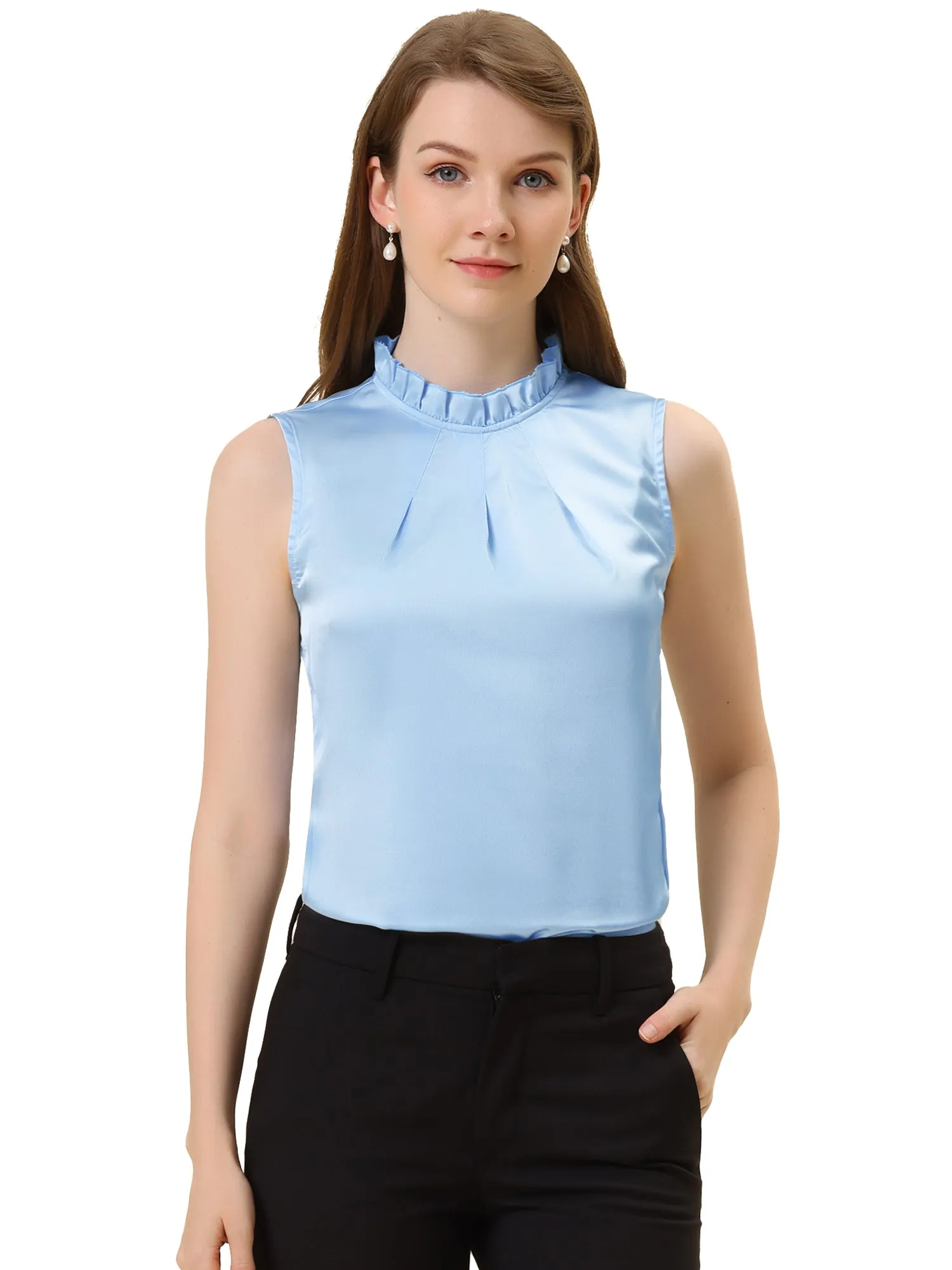 Sleeveless Blouse Mock Neck Ruffles Elegant Satin Work Tops