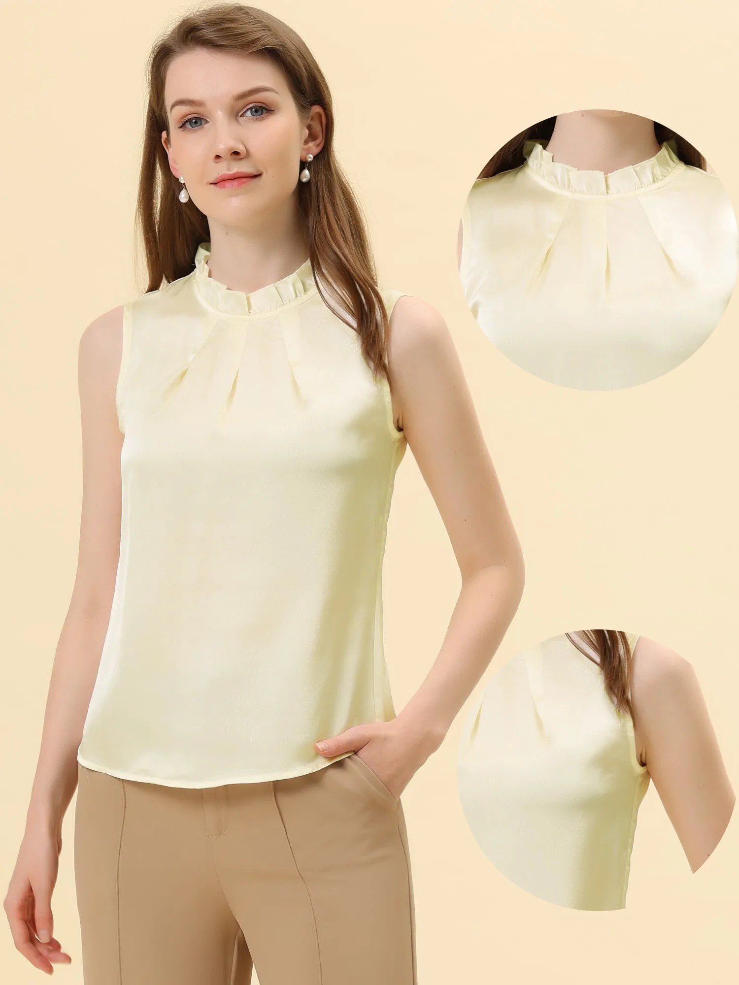 Sleeveless Blouse Mock Neck Ruffles Elegant Satin Work Tops