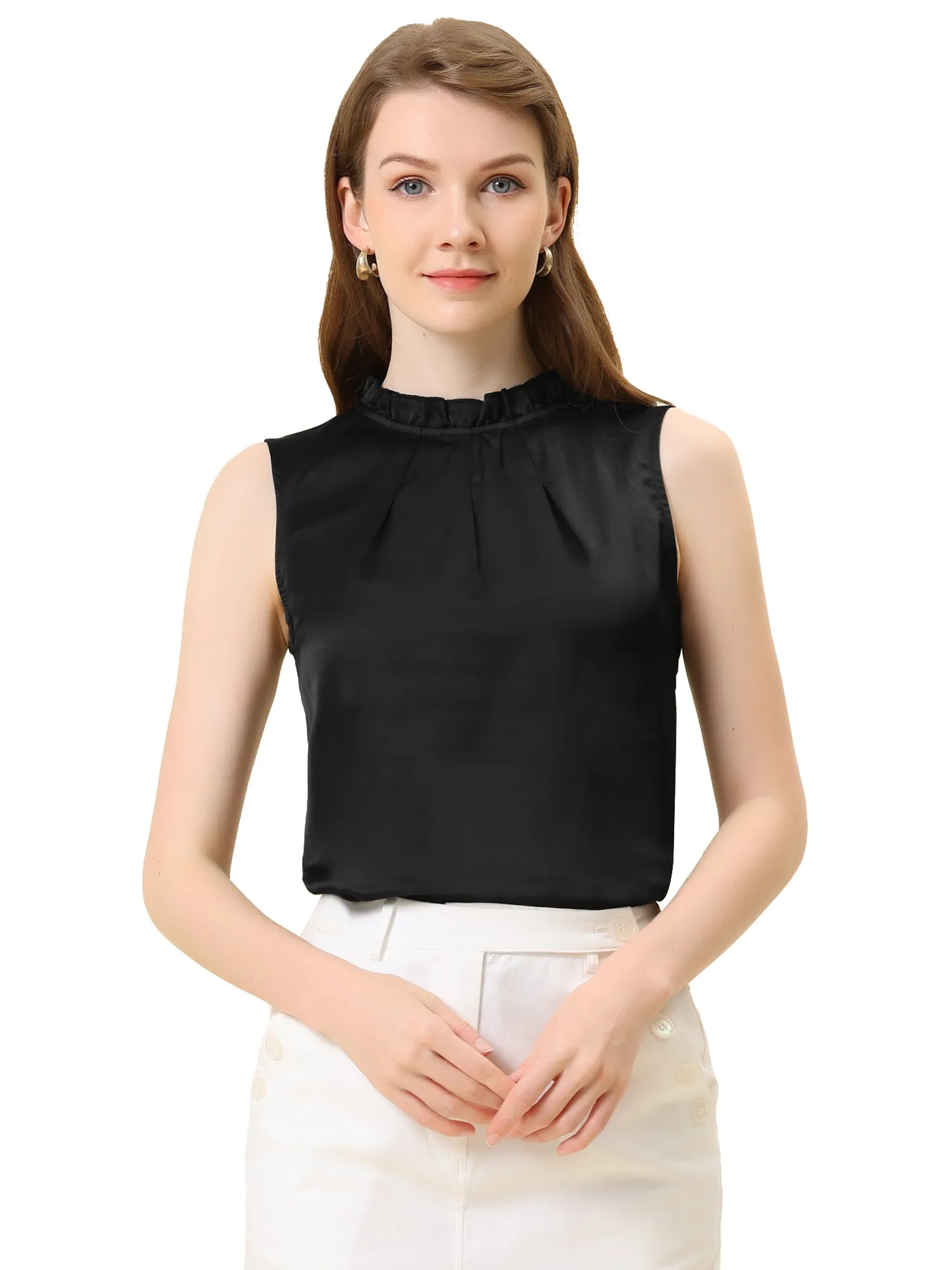 Sleeveless Blouse Mock Neck Ruffles Elegant Satin Work Tops