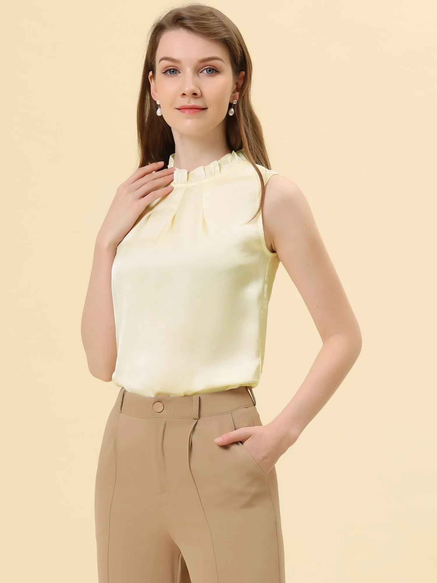 Sleeveless Blouse Mock Neck Ruffles Elegant Satin Work Tops