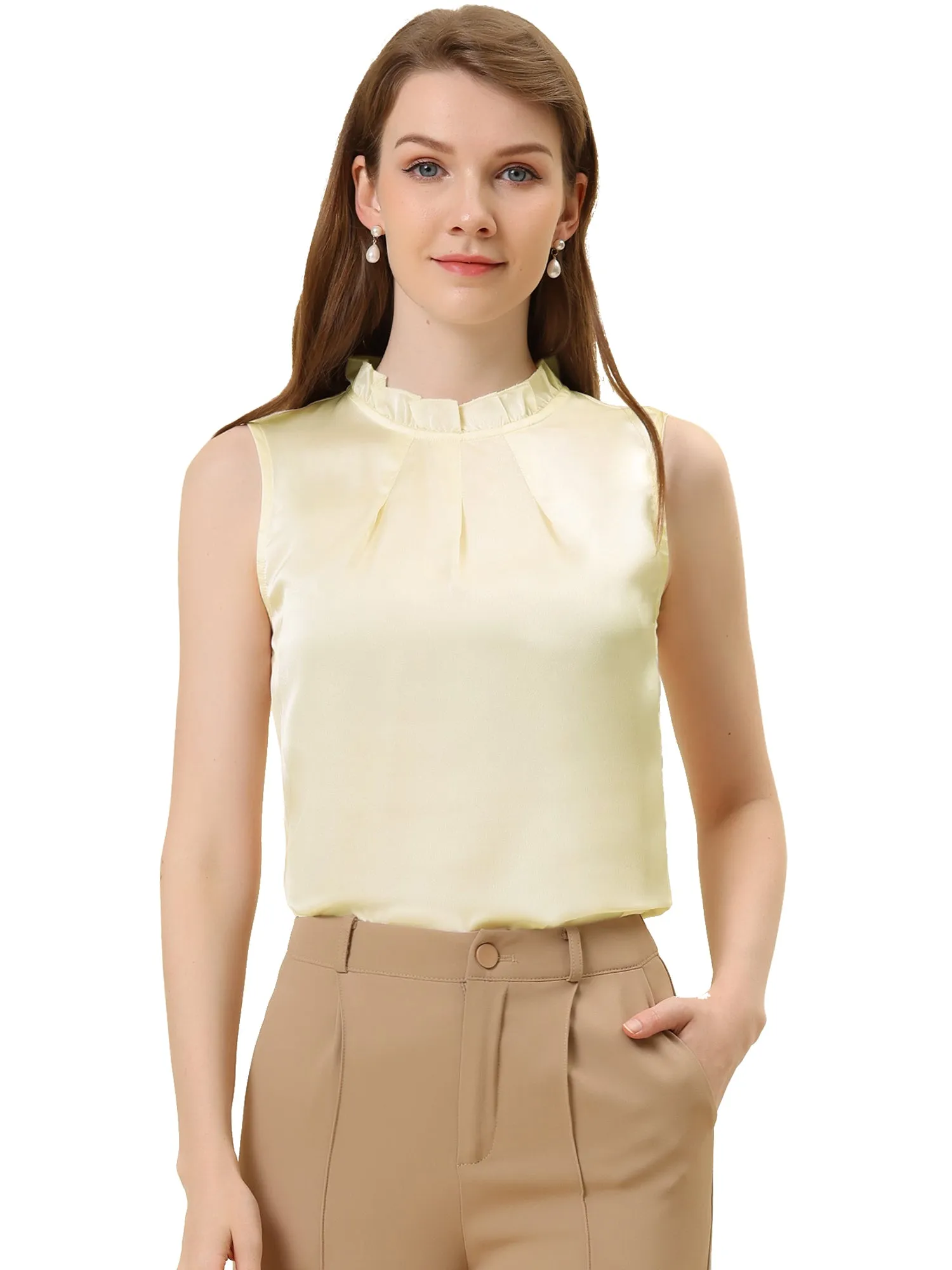 Sleeveless Blouse Mock Neck Ruffles Elegant Satin Work Tops