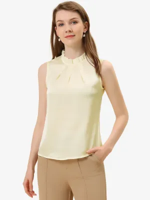 Sleeveless Blouse Mock Neck Ruffles Elegant Satin Work Tops