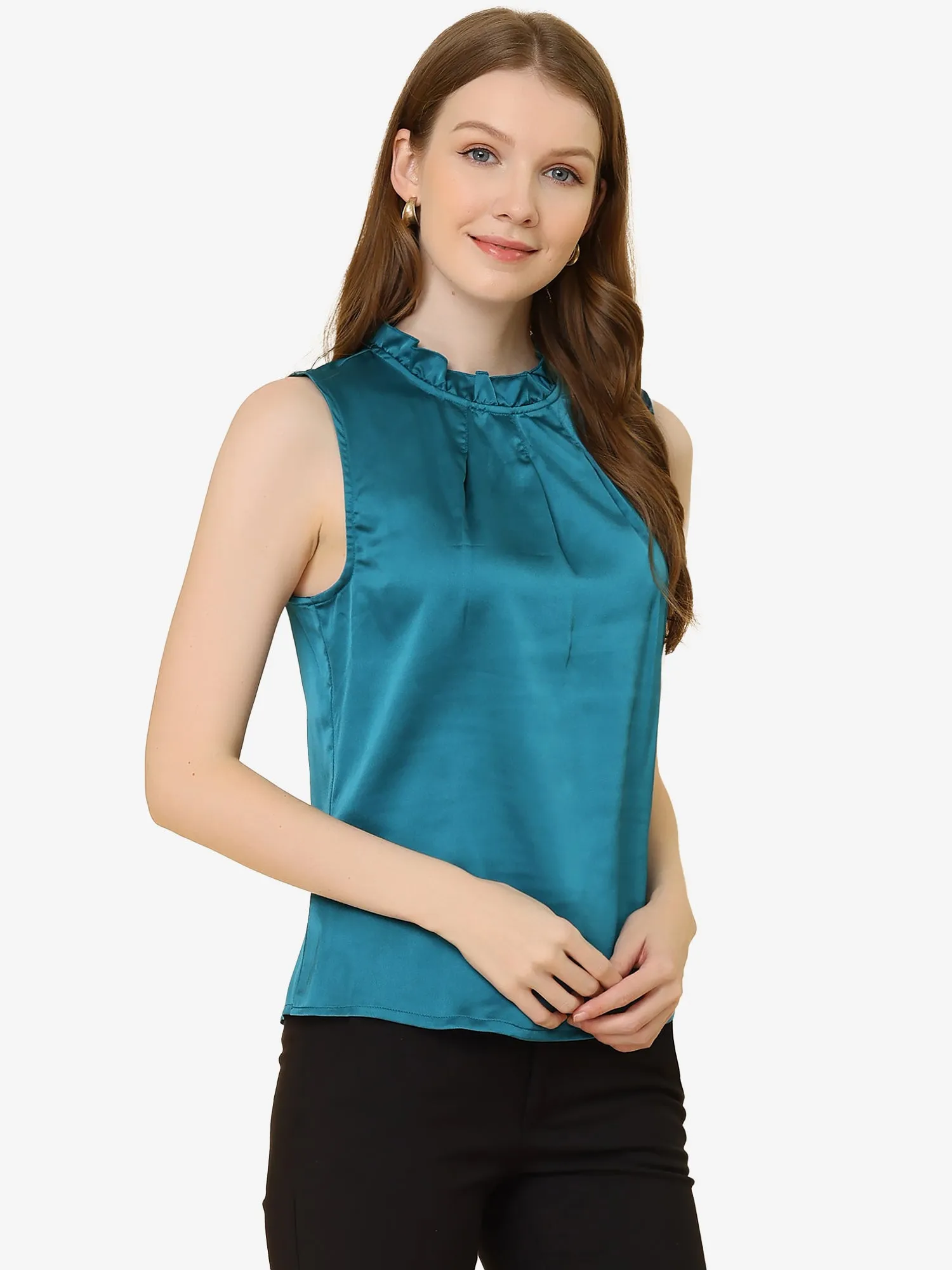 Sleeveless Blouse Mock Neck Ruffles Elegant Satin Work Tops