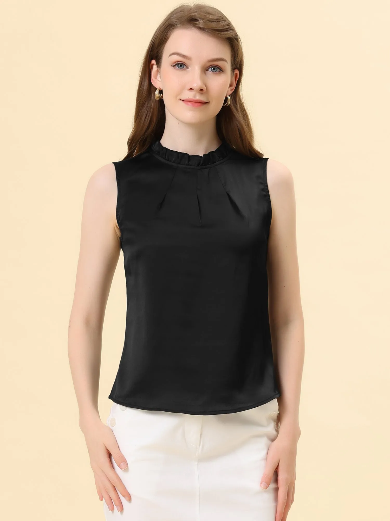 Sleeveless Blouse Mock Neck Ruffles Elegant Satin Work Tops