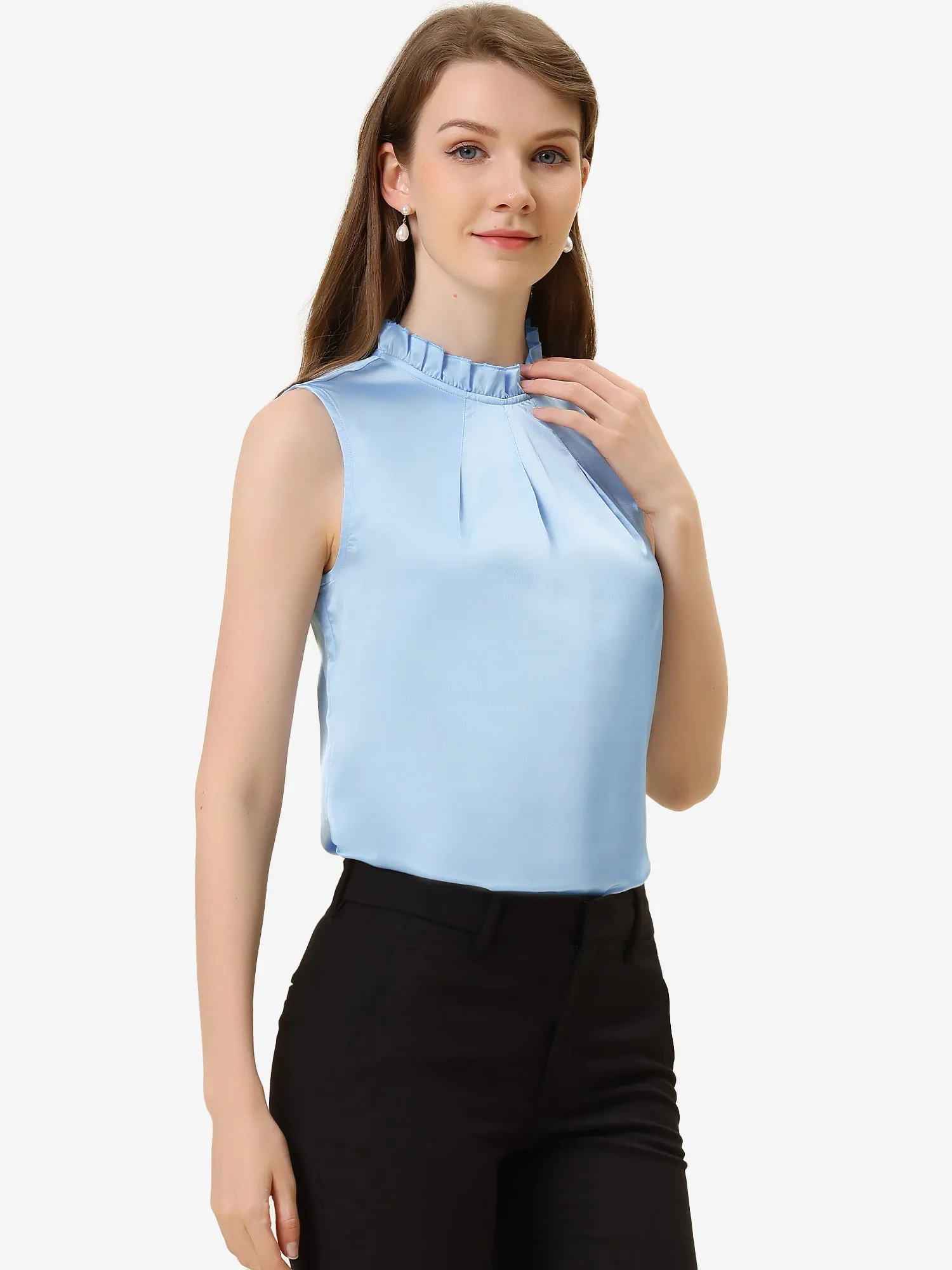 Sleeveless Blouse Mock Neck Ruffles Elegant Satin Work Tops