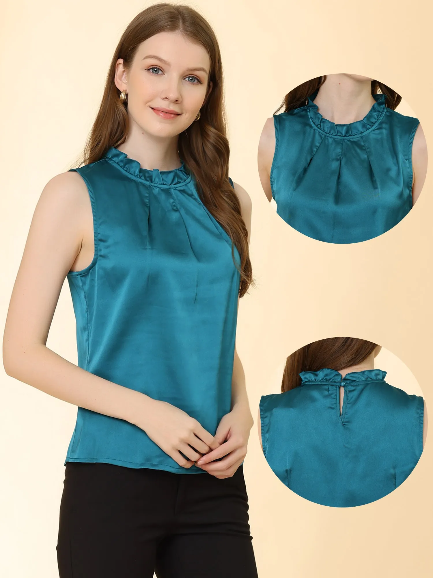 Sleeveless Blouse Mock Neck Ruffles Elegant Satin Work Tops