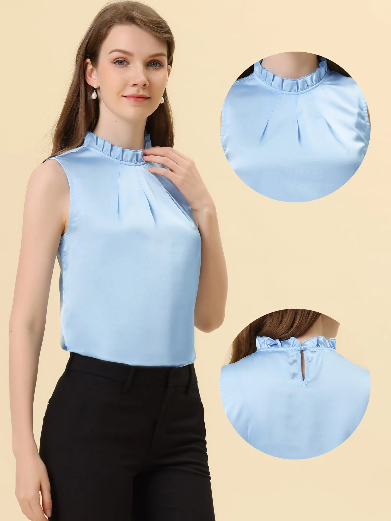 Sleeveless Blouse Mock Neck Ruffles Elegant Satin Work Tops