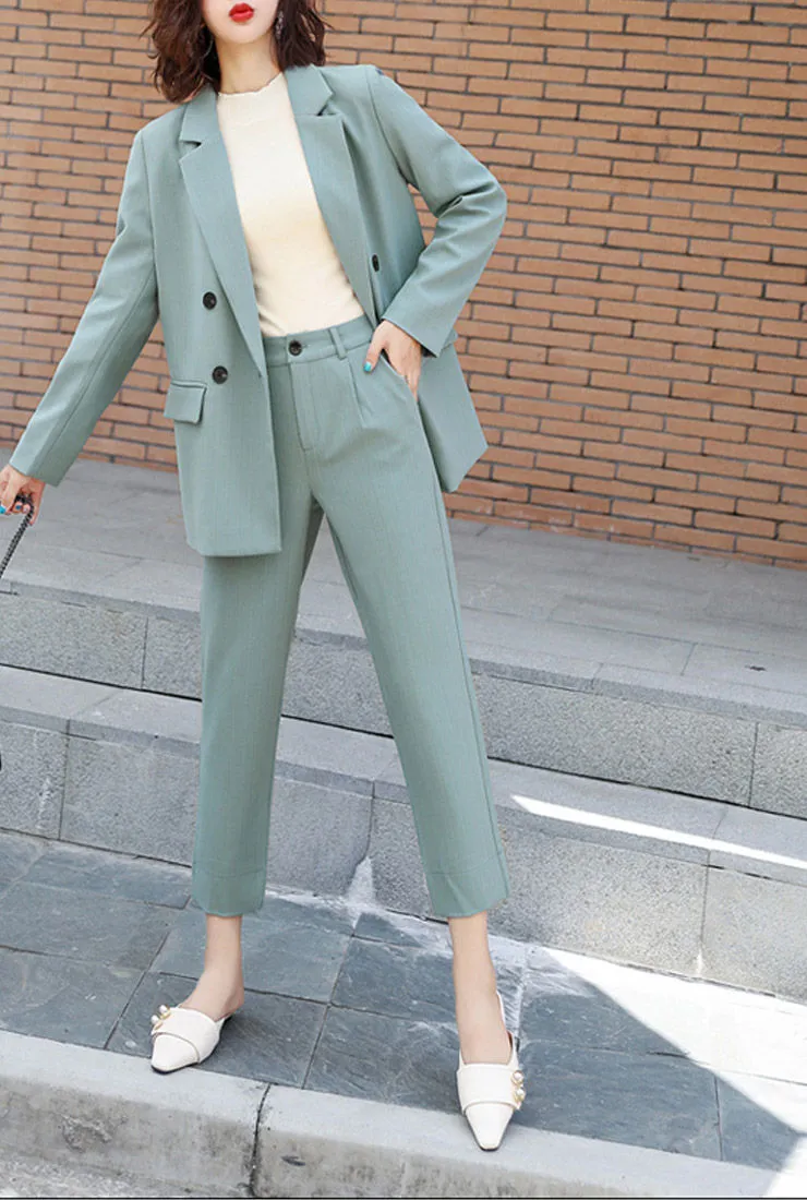 Solid Double-Button Blazer & Straight-Leg Pants Suits