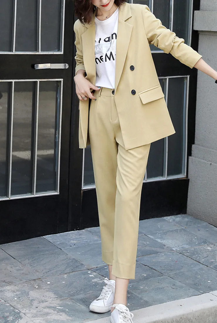 Solid Double-Button Blazer & Straight-Leg Pants Suits