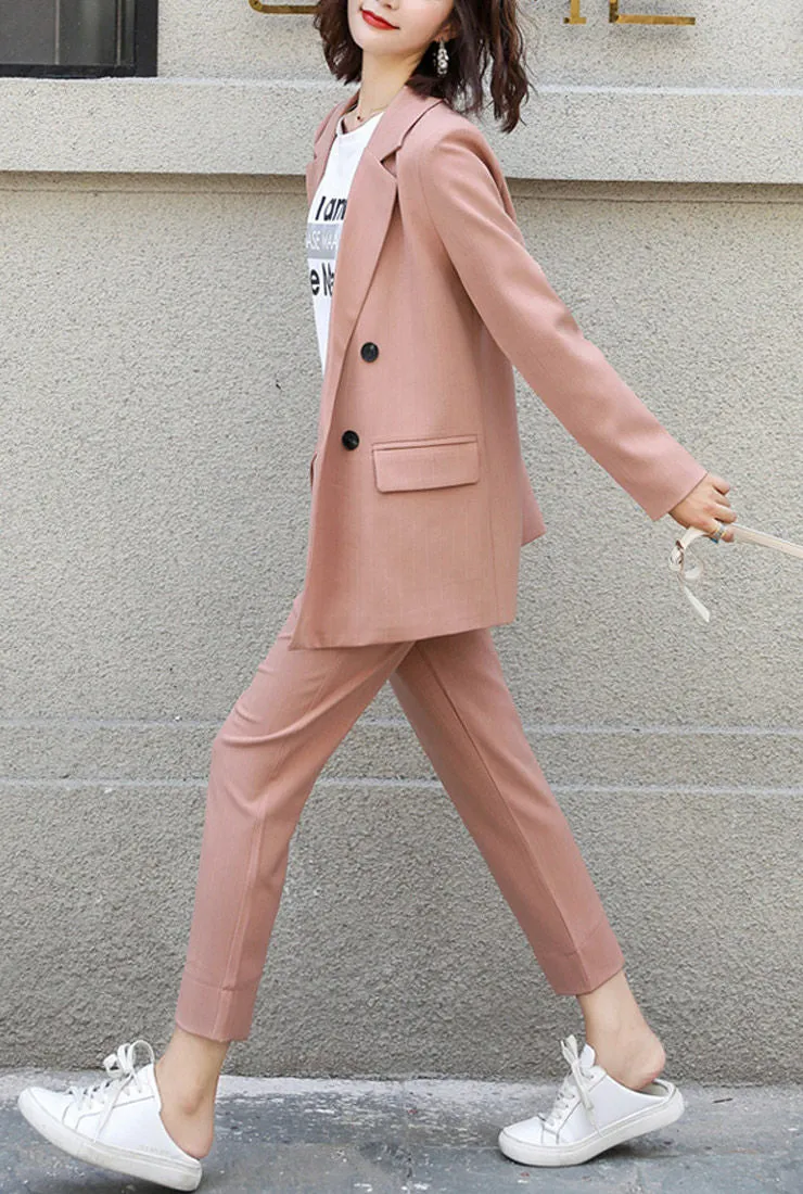 Solid Double-Button Blazer & Straight-Leg Pants Suits