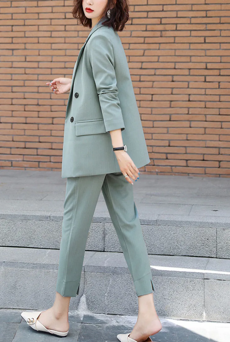 Solid Double-Button Blazer & Straight-Leg Pants Suits