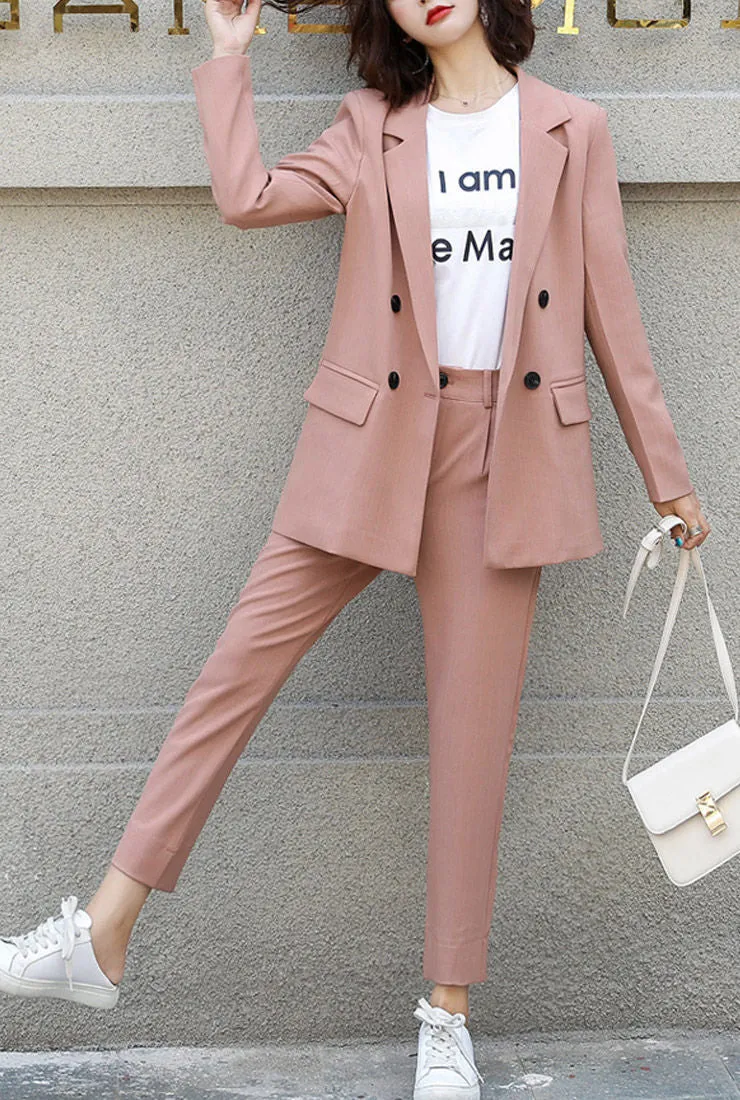 Solid Double-Button Blazer & Straight-Leg Pants Suits