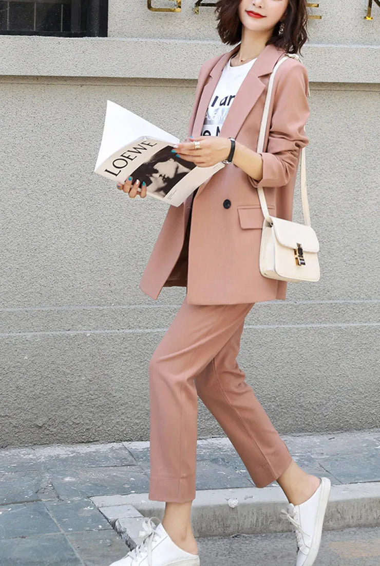 Solid Double-Button Blazer & Straight-Leg Pants Suits