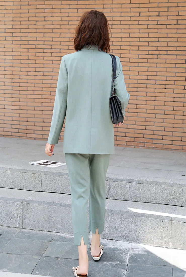 Solid Double-Button Blazer & Straight-Leg Pants Suits