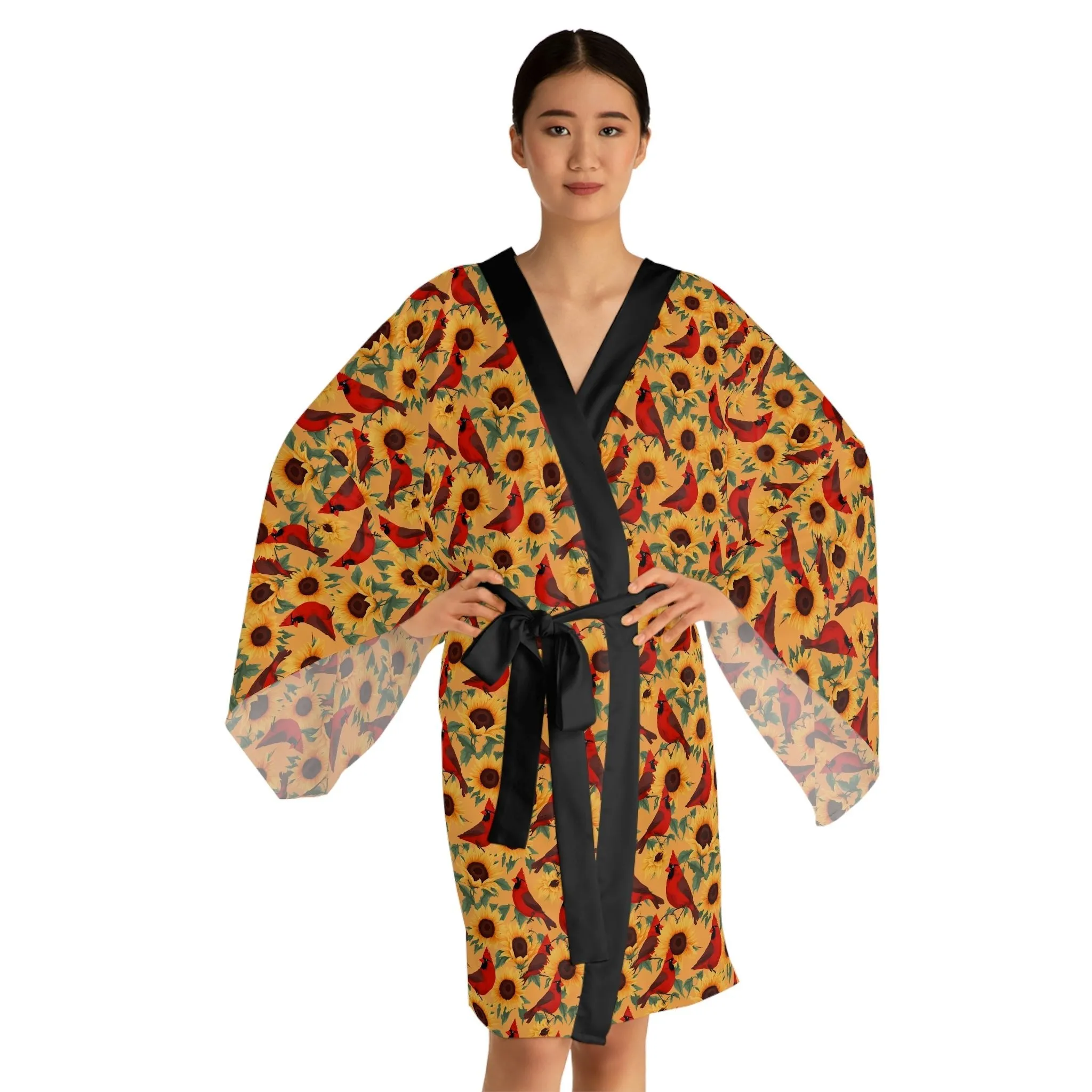 Sunflowers and Cardinals Pattern Long Sleeve Kimono Robe