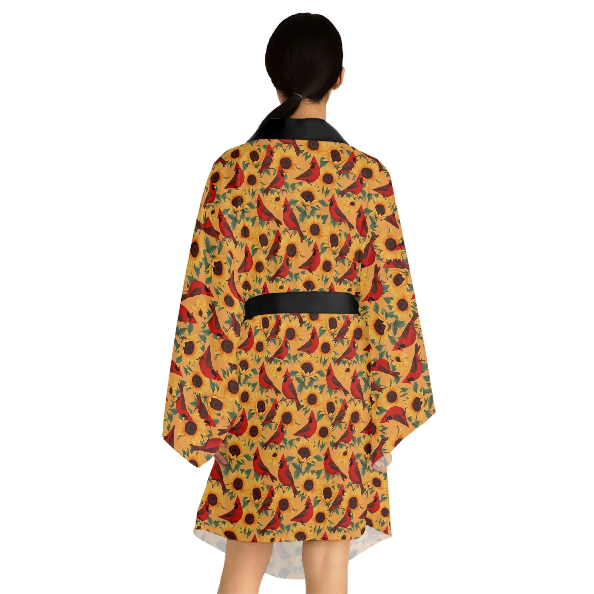 Sunflowers and Cardinals Pattern Long Sleeve Kimono Robe