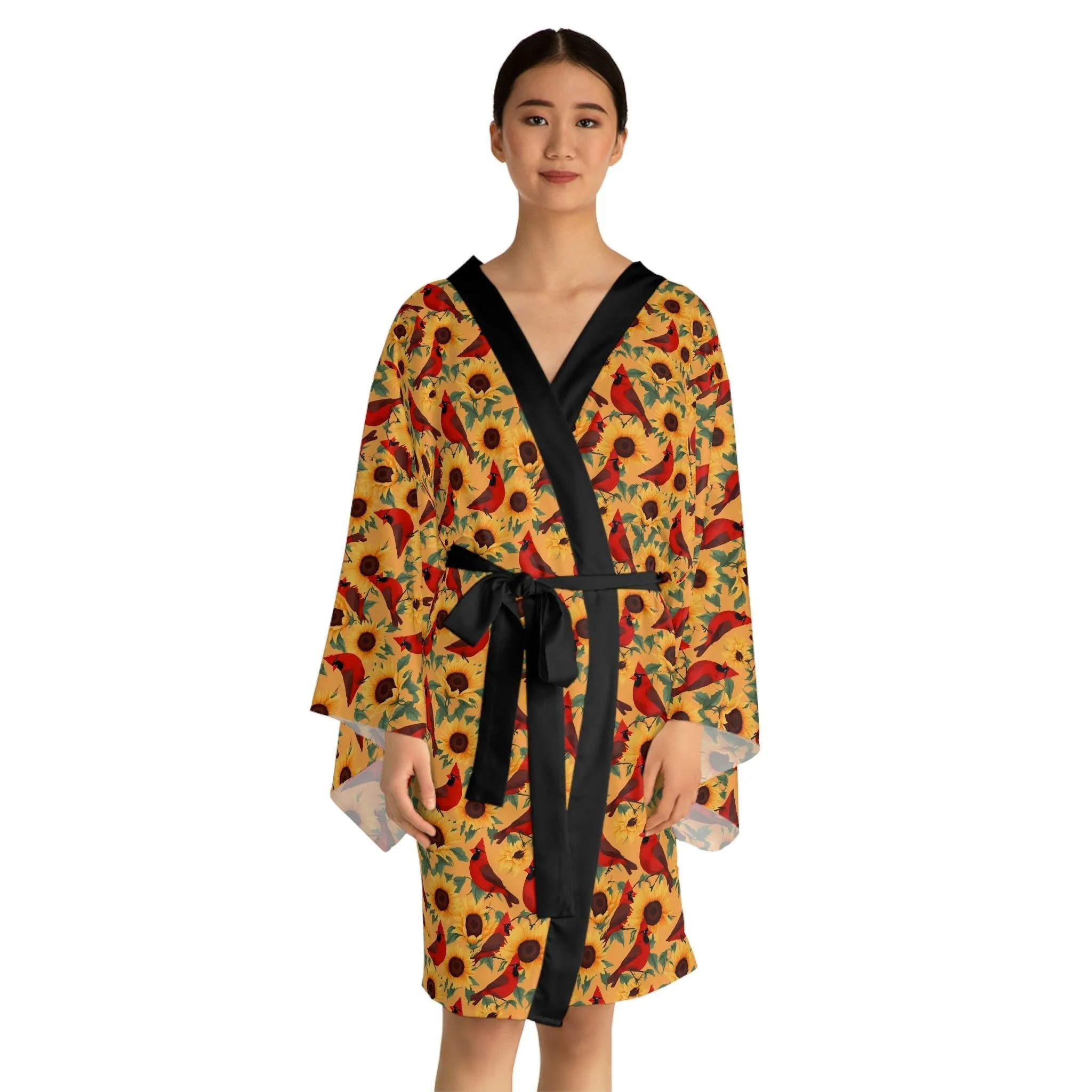 Sunflowers and Cardinals Pattern Long Sleeve Kimono Robe