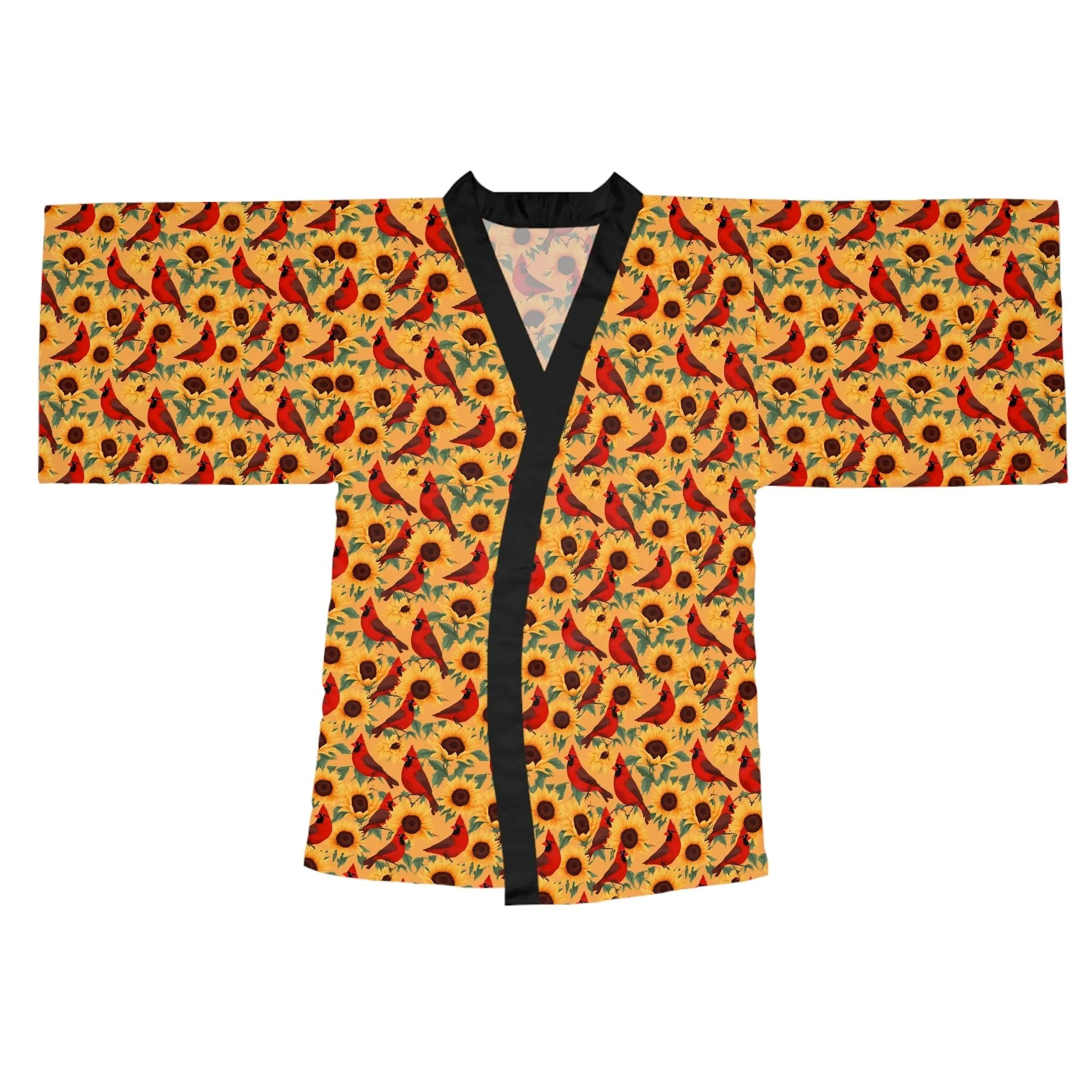 Sunflowers and Cardinals Pattern Long Sleeve Kimono Robe