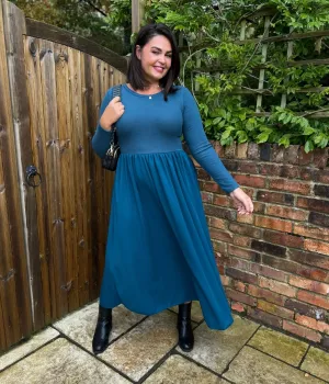 Teal Knitted Bodice Midi Dress