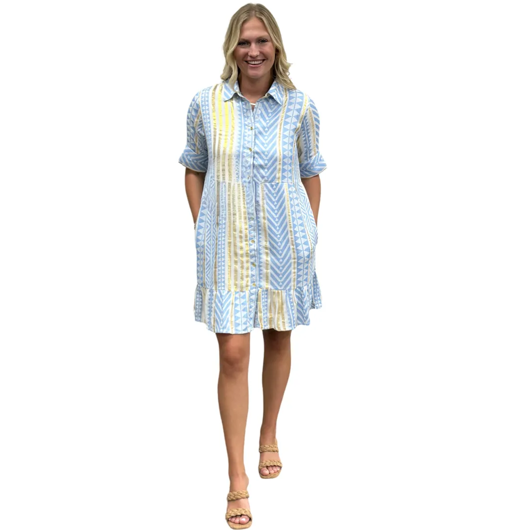 The Reagan Collared Button Front Short Sleeve Dress in Blue Gold Jacquard