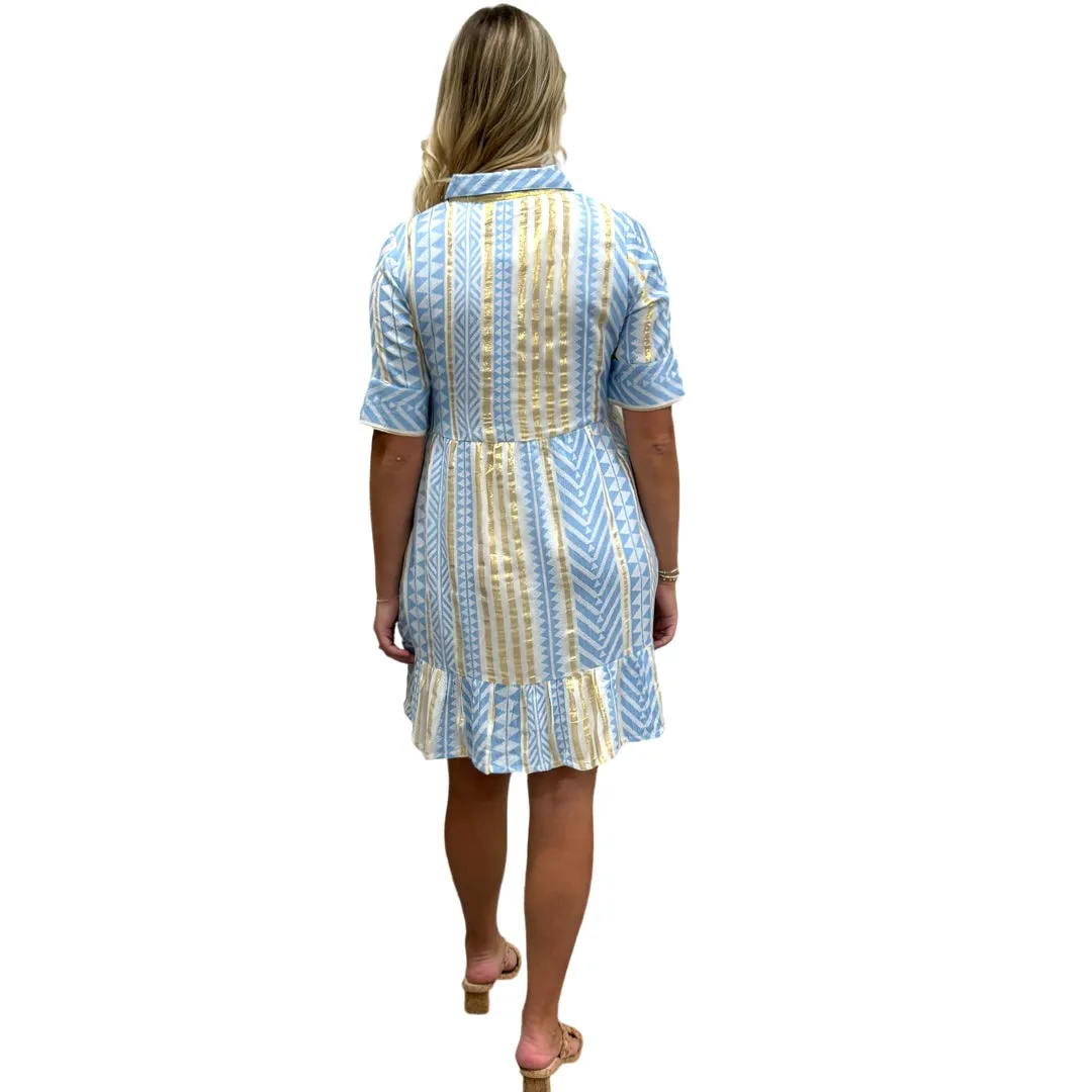 The Reagan Collared Button Front Short Sleeve Dress in Blue Gold Jacquard