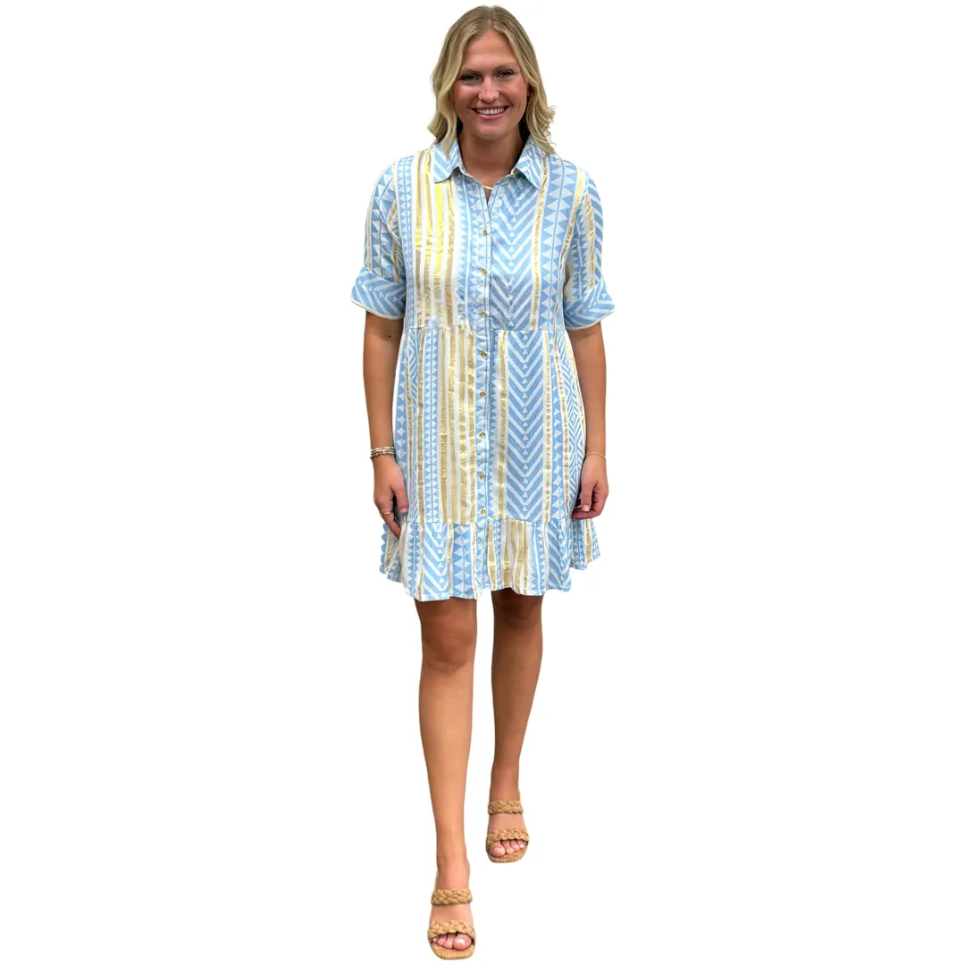 The Reagan Collared Button Front Short Sleeve Dress in Blue Gold Jacquard