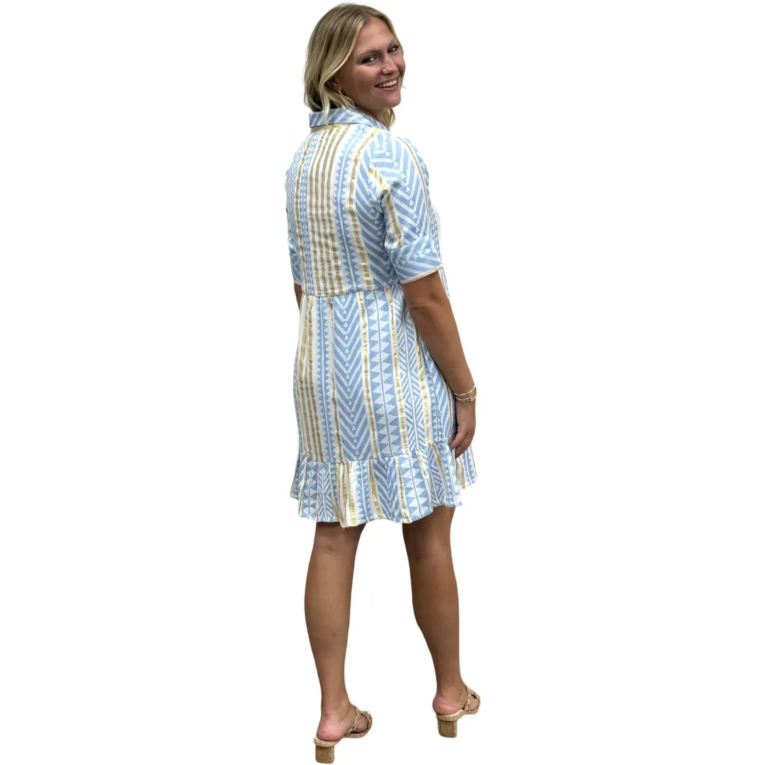 The Reagan Collared Button Front Short Sleeve Dress in Blue Gold Jacquard