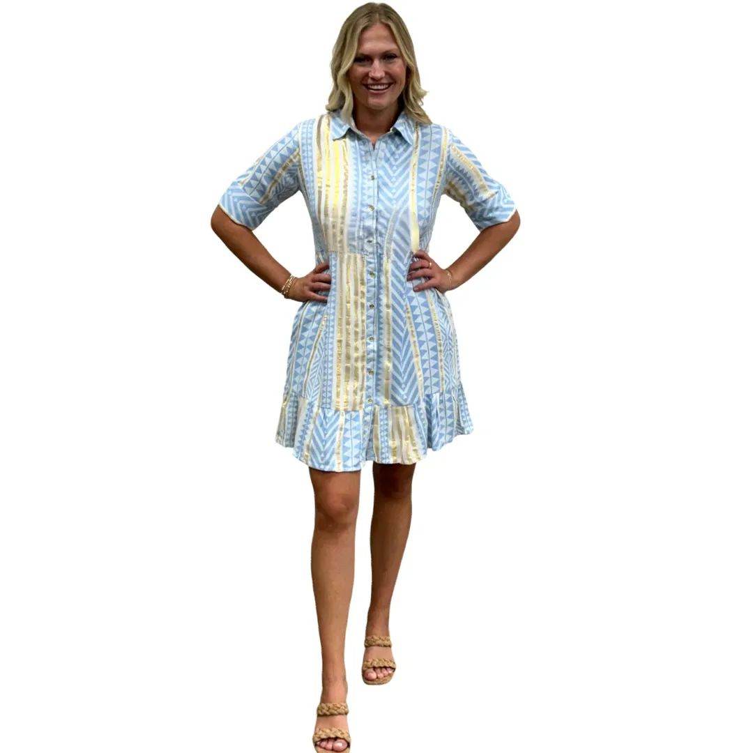 The Reagan Collared Button Front Short Sleeve Dress in Blue Gold Jacquard