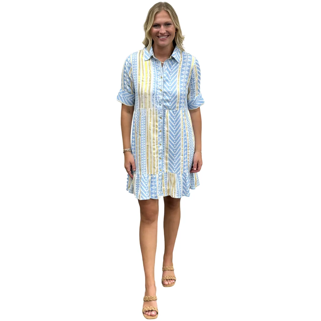 The Reagan Collared Button Front Short Sleeve Dress in Blue Gold Jacquard