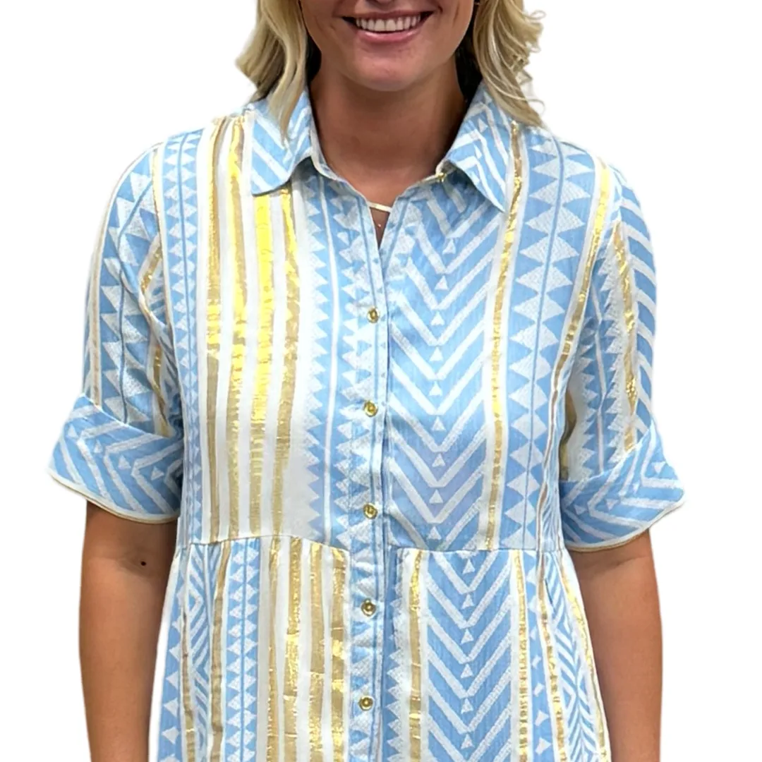 The Reagan Collared Button Front Short Sleeve Dress in Blue Gold Jacquard