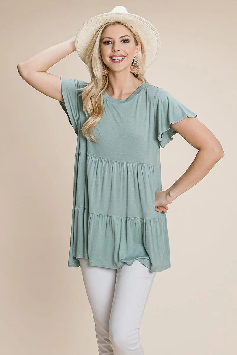 Tiered Pleated Ruffle Tunic Shirt Mini Dress