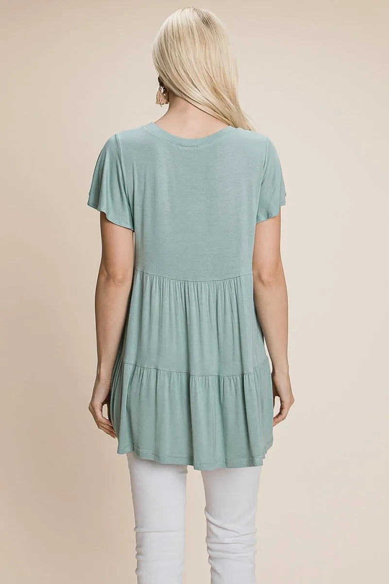 Tiered Pleated Ruffle Tunic Shirt Mini Dress