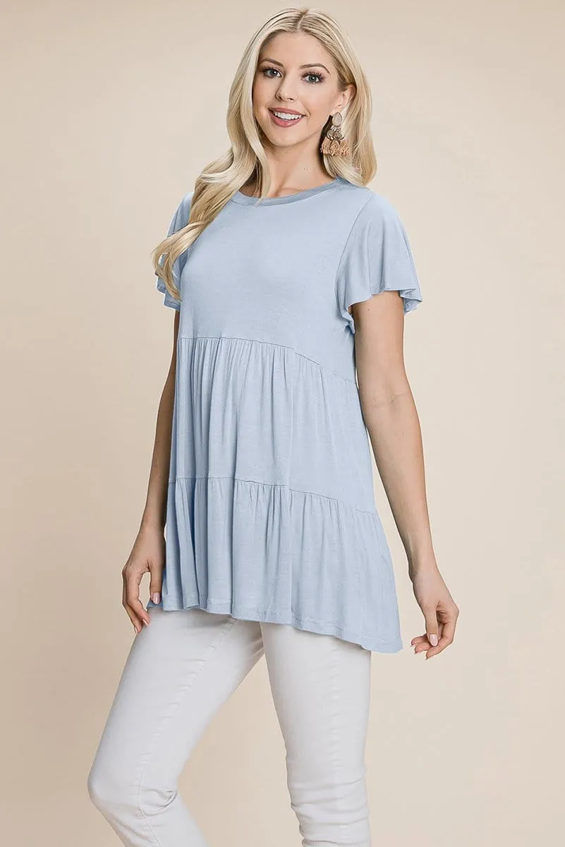 Tiered Pleated Ruffle Tunic Shirt Mini Dress