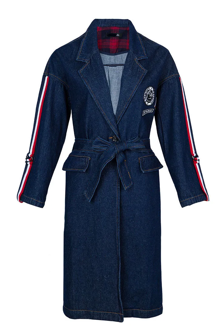 V-neck Mid-Length Denim Trench Coat With Belt