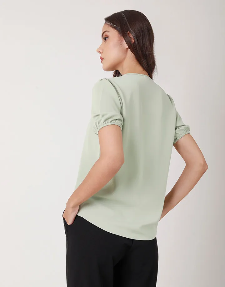 V-Neck Puff Sleeves Top with Front Buttons