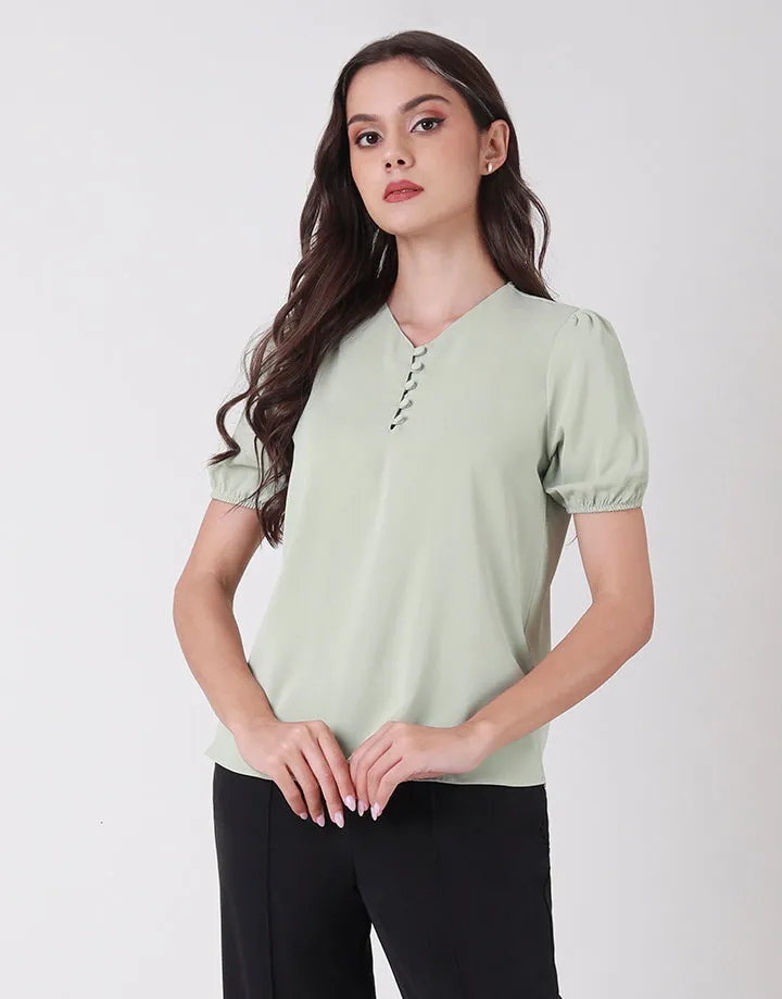 V-Neck Puff Sleeves Top with Front Buttons