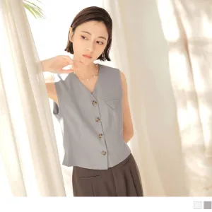 V-NECK SLEEVELESS BUTTOND CROP TUNIC SUIT TOPS