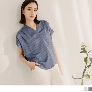 V-NECK STRIPED DROP SHOULDER SHORT SLEEVE TOPS