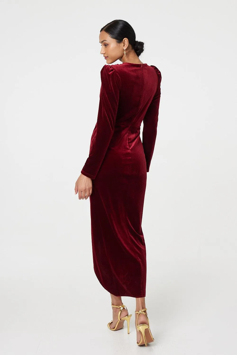 Velvet Long Puff Sleeve Split Hem Midi Dress