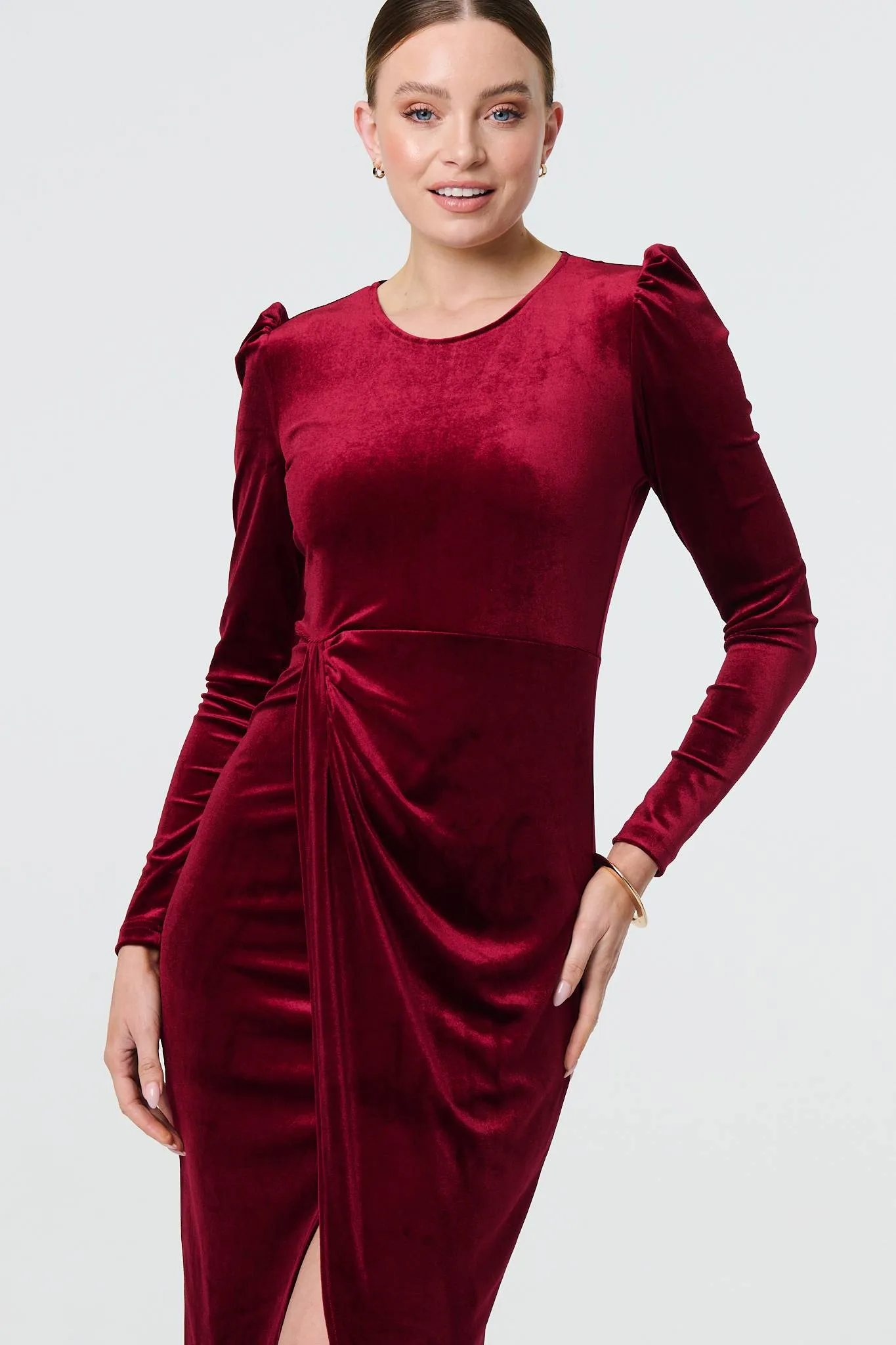 Velvet Long Puff Sleeve Split Hem Midi Dress