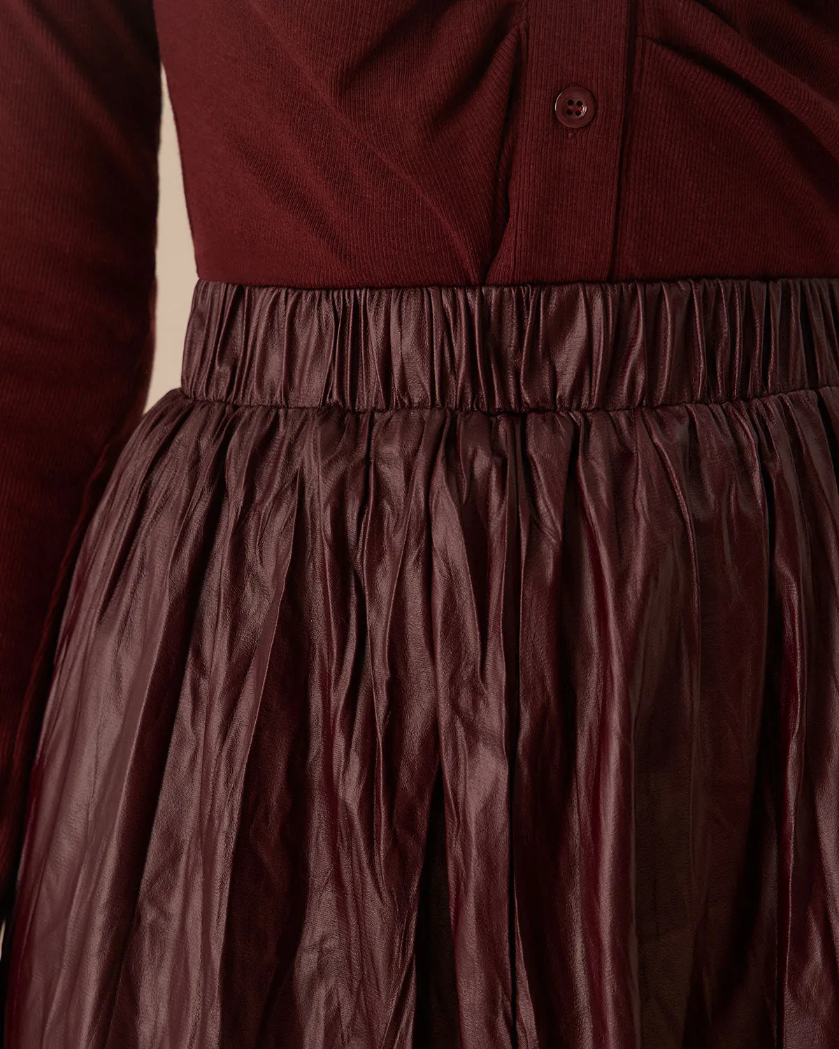 Wine Red Elastic Waist Ruched Midi Skirt