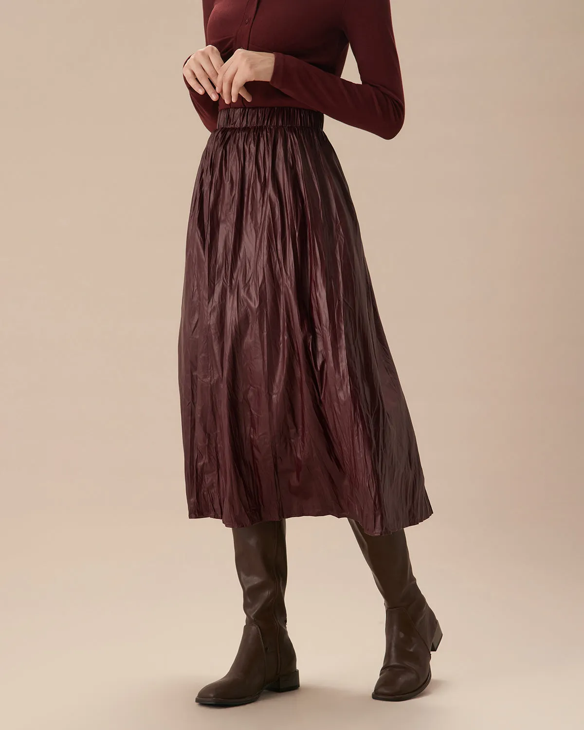 Wine Red Elastic Waist Ruched Midi Skirt