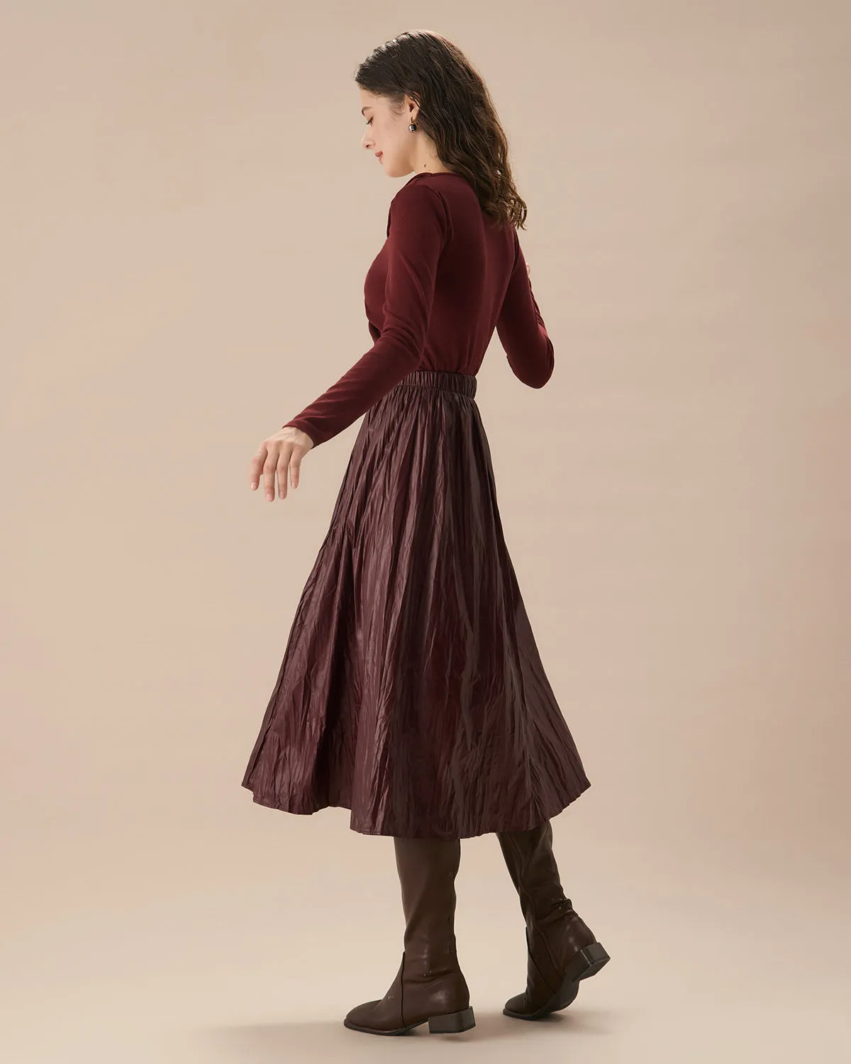 Wine Red Elastic Waist Ruched Midi Skirt