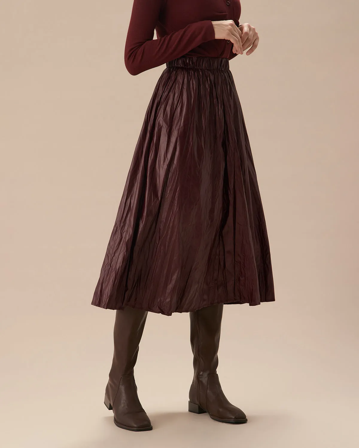 Wine Red Elastic Waist Ruched Midi Skirt